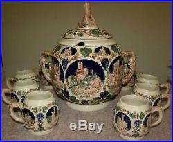 Vintage German Stoneware Pottery Soup Tureen/Punch bowl with8 Beer Stein Cups Set