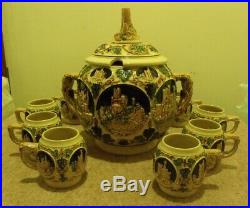 Vintage German Stoneware Pottery Soup Tureen/Punch bowl with8 Beer Stein Cups Set