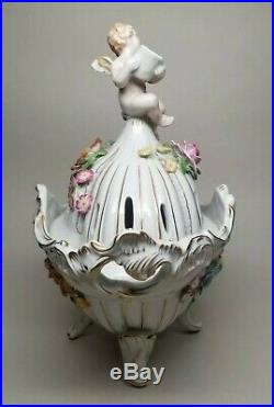 Vintage German Von Schierholz Dresden Porcelain Floral Cherubs Bowl with Lid