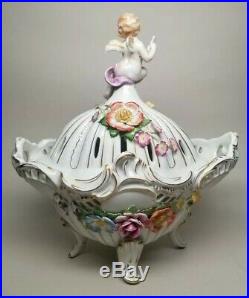 Vintage German Von Schierholz Dresden Porcelain Floral Cherubs Bowl with Lid