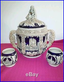 Vintage German stoneware soup Tureen/Punch Bowl with 16 mugs -Castle