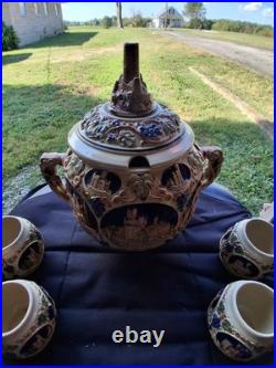 Vintage Gerz German Castle Stoneware Punch Bowl Set. Excellent Condition