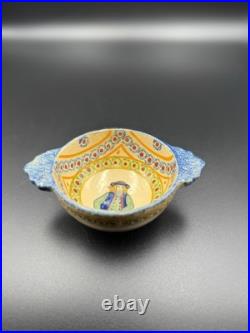 Vintage HB Quimper Faience Bowl Hand-Painted Breton Figure, Blue & Yellow