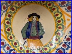 Vintage HB Quimper Faience Bowl Hand-Painted Breton Figure, Blue & Yellow
