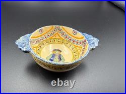Vintage HB Quimper Faience Bowl Hand-Painted Breton Figure, Blue & Yellow