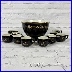 Vintage Hall Tom Jerry Bowl Set Bowl 10 Mugs Cups Egg Nog Black Gold Holiday