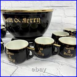 Vintage Hall Tom Jerry Bowl Set Bowl 10 Mugs Cups Egg Nog Black Gold Holiday
