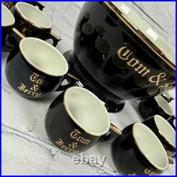 Vintage Hall Tom Jerry Bowl Set Bowl 10 Mugs Cups Egg Nog Black Gold Holiday