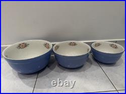 Vintage Hall's Superior Nesting Bowls Set of 3 Blue Floral USA Made