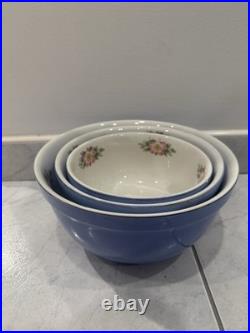 Vintage Hall's Superior Nesting Bowls Set of 3 Blue Floral USA Made