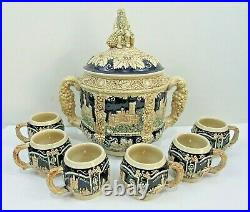 Vintage Hand Painted German Punch Bowl with 6 Cups (Box #22)