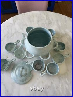 Vintage Hand Thrown Soup Tureen with Ladle + 8 Bowls