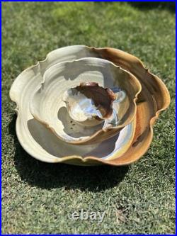 Vintage Hand Thrown Studio Pottery Signed Nesting Bowls Set of 3 Earth Tone Blue
