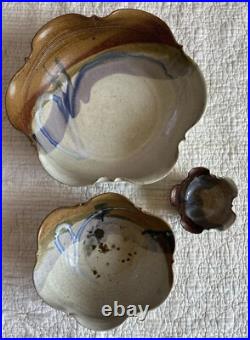 Vintage Hand Thrown Studio Pottery Signed Nesting Bowls Set of 3 Earth Tone Blue