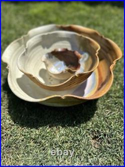 Vintage Hand Thrown Studio Pottery Signed Nesting Bowls Set of 3 Earth Tone Blue