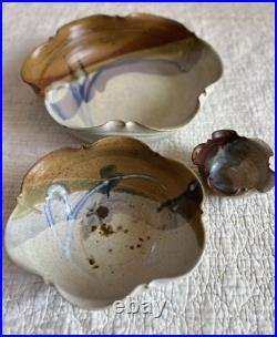 Vintage Hand Thrown Studio Pottery Signed Nesting Bowls Set of 3 Earth Tone Blue