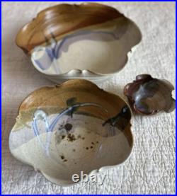 Vintage Hand Thrown Studio Pottery Signed Nesting Bowls Set of 3 Earth Tone Blue