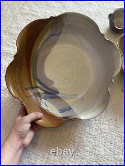 Vintage Hand Thrown Studio Pottery Signed Nesting Bowls Set of 3 Earth Tone Blue