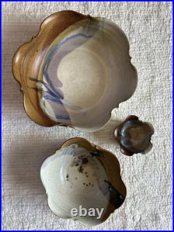 Vintage Hand Thrown Studio Pottery Signed Nesting Bowls Set of 3 Earth Tone Blue
