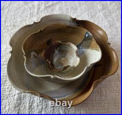Vintage Hand Thrown Studio Pottery Signed Nesting Bowls Set of 3 Earth Tone Blue