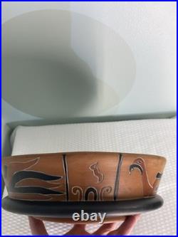 Vintage Handmade Hand Painted Mexican Azteca Folk Art Terracotta Pottery Bowl