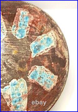 Vintage Handmade Raku Style Art Pottery Bowl With Turquoise And Copper Tones