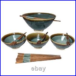 Vintage Handmade Ramen Udon Rice Bowl Set & Chopsticks Studio Art Pottery