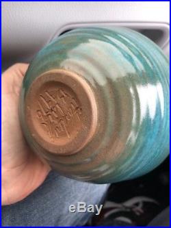 Vintage Harding Black Green/Blue Ribbed Bowl Texas Art Pottery