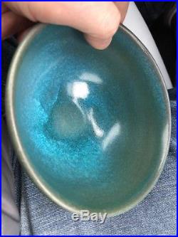Vintage Harding Black Green/Blue Ribbed Bowl Texas Art Pottery