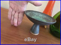 Vintage Harding Black Pottery 1955 Compote footed bowl LOVELY SPOTTY GREEN GLAZE
