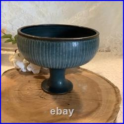 Vintage Harrison McIntosh Hand-Throw studio pottery blue striped pedestal bowl