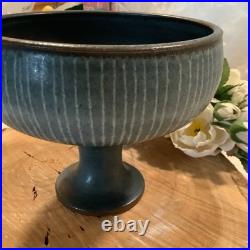 Vintage Harrison McIntosh Hand-Throw studio pottery blue striped pedestal bowl