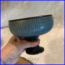 Vintage Harrison McIntosh Hand-Throw studio pottery blue striped pedestal bowl