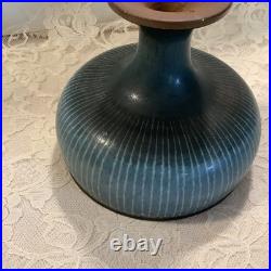 Vintage Harrison McIntosh Hand-Throw studio pottery blue striped pedestal bowl