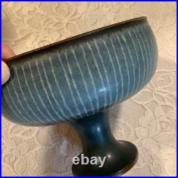 Vintage Harrison McIntosh Hand-Throw studio pottery blue striped pedestal bowl