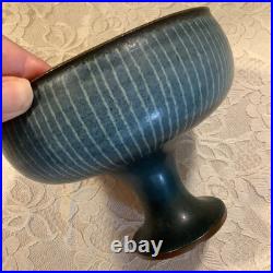 Vintage Harrison McIntosh Hand-Throw studio pottery blue striped pedestal bowl Vintage Harrison McIntosh Hand-Throw studio pottery blue striped pedestal bowl