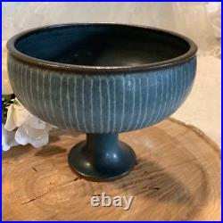Vintage Harrison McIntosh Hand-Throw studio pottery blue striped pedestal bowl