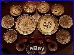 Vintage Horezu Romanian Folk Art Pottery Set Bowls Cups Saucers Handpainted