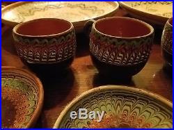 Vintage Horezu Romanian Folk Art Pottery Set Bowls Cups Saucers Handpainted