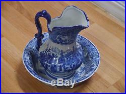 Vintage Ironstone blue pitcher and wash basin bowl set 10 inches