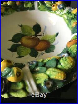 Vintage Italian Majolica Centerpiece Ceramic Large Fruit Bowl Apples Italy B14