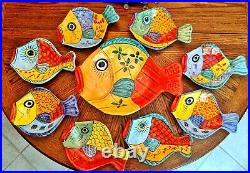 Vintage Italian Vietri Desuir Ceramic Fish Platter Bowl & Plates Hand-Painted