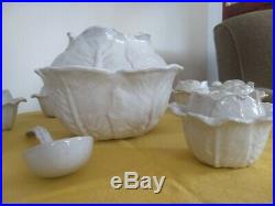Vintage Italian white cabbage leaf soup tureen set. Ladle and 6 covered bowls