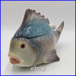 Vintage Italy Ceramic Fish Soup Tureen Bowl Hand Painted Small Individual Size