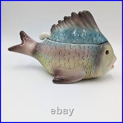 Vintage Italy Ceramic Fish Soup Tureen Bowl Hand Painted Small Individual Size