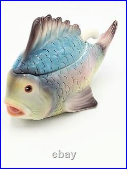 Vintage Italy Ceramic Fish Soup Tureen Bowl Hand Painted Small Individual Size