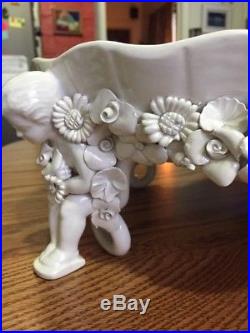 Vintage Italy White Ceramic Cherub Footed Compote Fruit Bowl Centerpiece