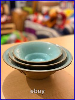 Vintage Japanese Studio Art Pottery 3 Bowl Set Teal Blue Glaze Stamped Signed