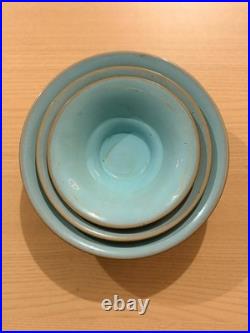 Vintage Japanese Studio Art Pottery 3 Bowl Set Teal Blue Glaze Stamped Signed
