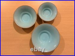 Vintage Japanese Studio Art Pottery 3 Bowl Set Teal Blue Glaze Stamped Signed